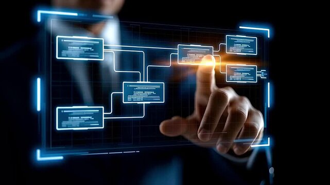 Professional man in a suit managing a complex project workflow by touching a futuristic virtual user interface with a glowing flowchart, demonstrating advanced business automation technology