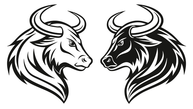 Vector illustration two bull heads facing each other, black and white vector illustration
