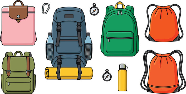 Different types of backpacks flat vector illustration icon set with hiking rucksack casual school bags drawstring bags and travel accessories