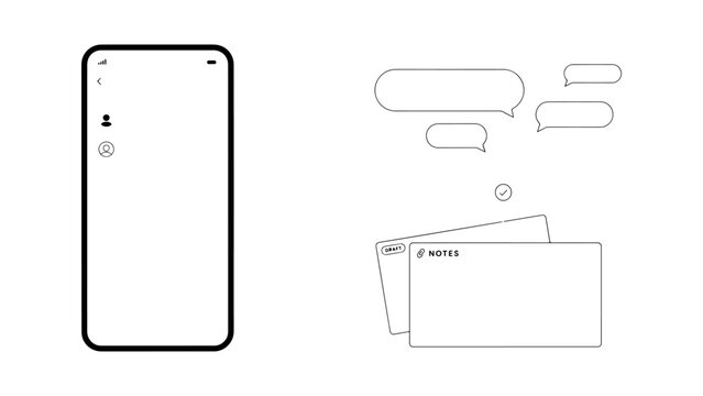 Smartphone mockup frame with chat bubble communication messages notes and draft document icons for mobile application layout design on transparent background.