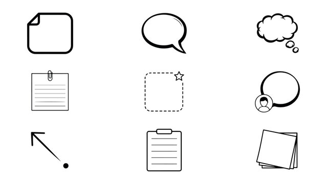 Collection of creative sketch style paper notes memo stickers speech clouds and list document icons for office stationery and digital planning app graphics.