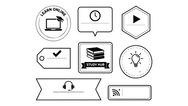 Educational badges collection with online learning symbols including laptop graduation cap clock books lightbulb and headphone icons for study hub design.