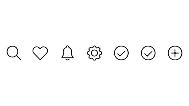 Minimalist interface icons set featuring search magnifying glass heart notification bell settings gear checkmark and plus symbols for mobile app design.