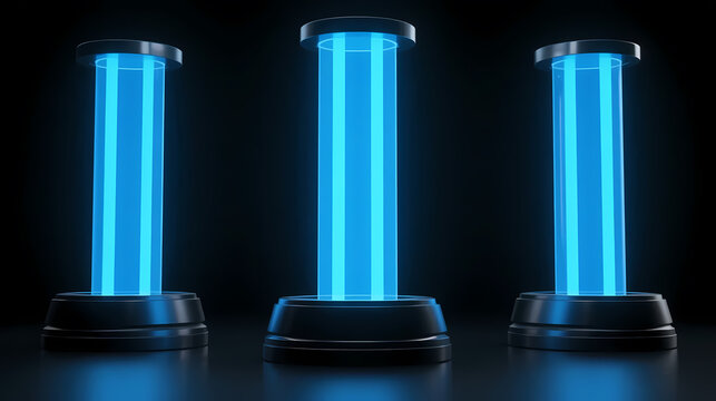 Three glowing blue cylinders in dark space