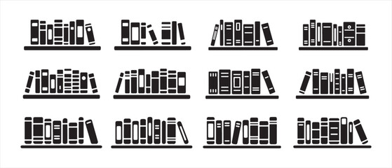 Collection of Bookshelves with Rows of Various Books in a Minimalist Flat Vector Graphic Style. © NadimStoker