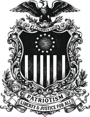 Fototapeta premium Ornate coat of arms with eagle and patriotic motto on a dark background with intricate details