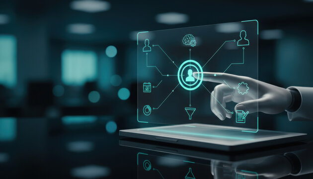 Detailed photorealistic close-up of a robotic AI hand interacting with a glowing blue holographic digital interface featuring HR icons above a sleek metallic trackpad