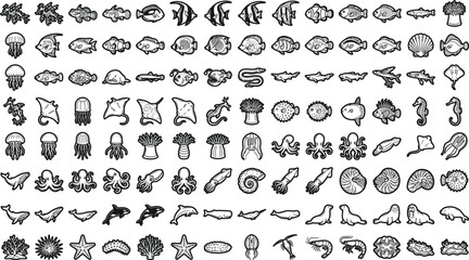 Minimalist sea life icons, 105 marine animal line art, aquatic vector set © Akhi