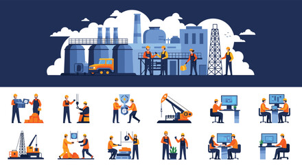 Fototapeta premium Detailed industrial scenes illustrating oil and gas production processes with workers machinery storage tanks and drilling platforms in a flat design.