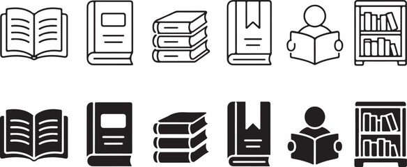 Education Library Books and Reading Collection in Outline and Solid Glyph Styles Featuring Open Textbooks Stacked Literature Bookmarks Readers and Bookshelves © vectorzking