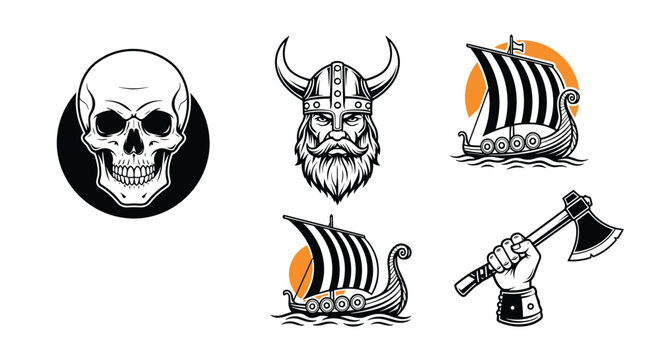 Viking warrior theme graphics featuring a skull emblem viking head with horned helmet longships and hand holding an axe in black and white style.