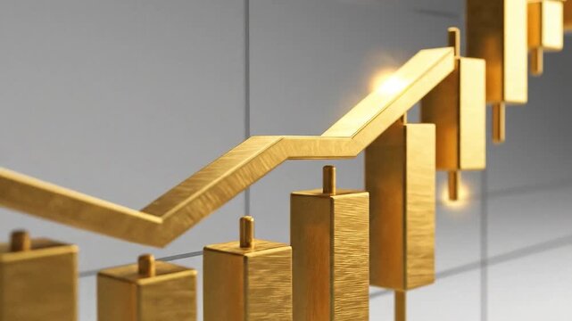 Golden Financial Growth Concept: 3D Bullish Stock Market Chart with Candlestick Indicators and Upward Trending Line, Luxury Gold Trading, Wealth Management, Investment Success, and Economic Prosperity