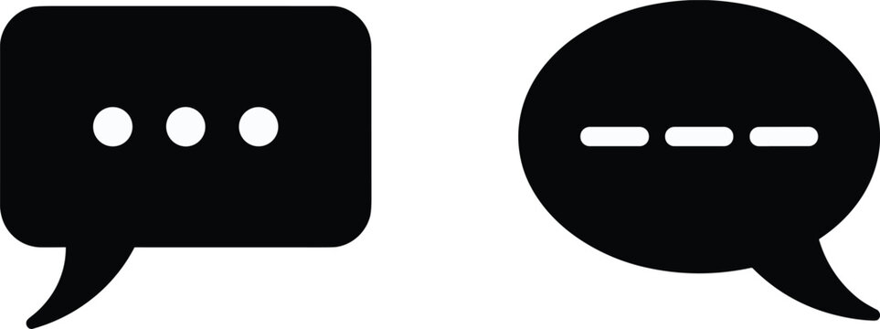 Black chat bubbles with white text placeholders on white background, speech bubbles black, and white
