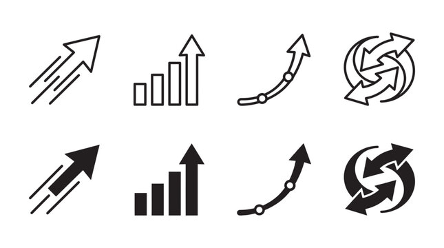 Set of business growth and statistical progress icons in black and white outline styles with business, marketing