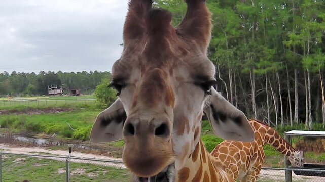 A giraffe stretching for eating vegetable with its tongue from the people hand. Palm Springs in Palm Beach, Florida, United States. SLOW MOTION