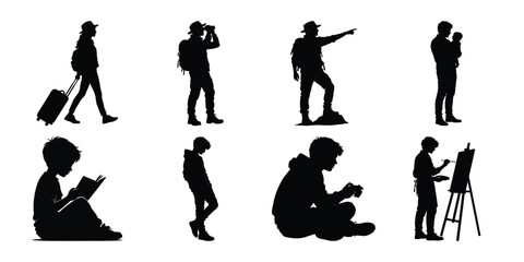 Fototapeta premium Diverse people silhouettes collection travelers artists families and individuals in black