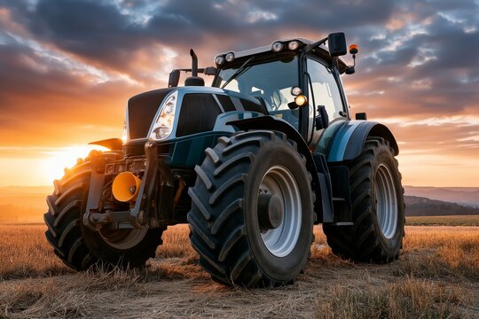 Modern agricultural tractor with large tires standing on dry field under colorful sunset sky with clouds and rolling hills background