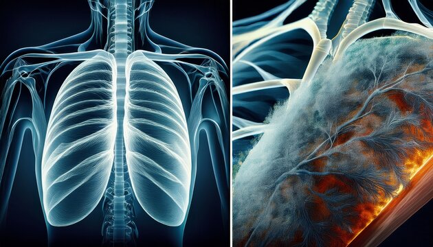conceptual diptych showing microscopic toxic asbestos fibers and a medical chest xray highlighting asbestos exposure risks lung cancer mesothelioma and health