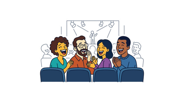 Diverse group of people laughing together at a comedy show, audience enjoying performance