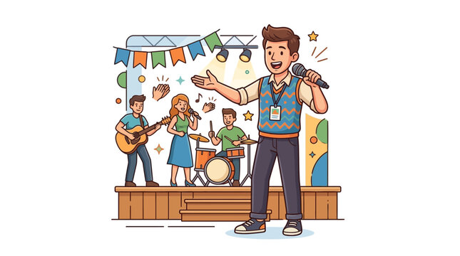 Joyful Band Performance: Kids Singing and Playing Music on Stage with MC