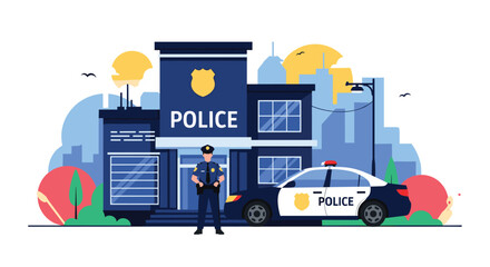 Police department building with a patrol car parked outside and an officer standing in front against a stylized city skyline background in flat design. © Asiya