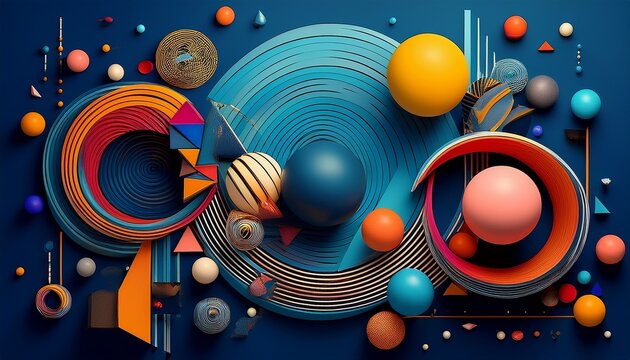 abstract colorful 3d art composition featuring memphis style geometric line shapes spheres and terrazzo patterns on a deep blue background for modern creative projects