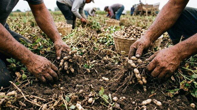 Farmers harvesting peanuts in a field during the harvest season