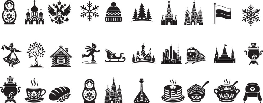 Russian Culture Heritage and Tourism Landmark Solid Glyph Icon Set Featuring Matryoshka Nesting Dolls Kremlin Cathedrals Winter Ushanka Hats Traditional Balalaika Instruments and Authentic Cuisine Sou