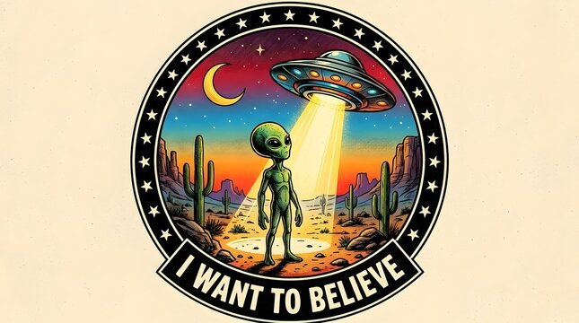 Vibrant illustration of an alien standing in a desert landscape with a ufo and the phrase i want to believe in a circular badge with stars and a desert scene at sunset