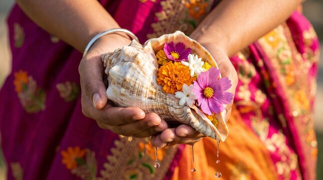 Hands holding a conch shell adorned with flowers and kumkum, used in hindu religious rituals