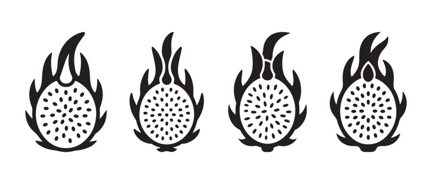 Set of black and white dragon fruit icons featuring sliced pitaya halves in a minimalist flat style.