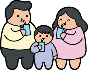 Obraz premium Family drinking from juice boxes with straws. Family members drinking juice from small cartons through straws