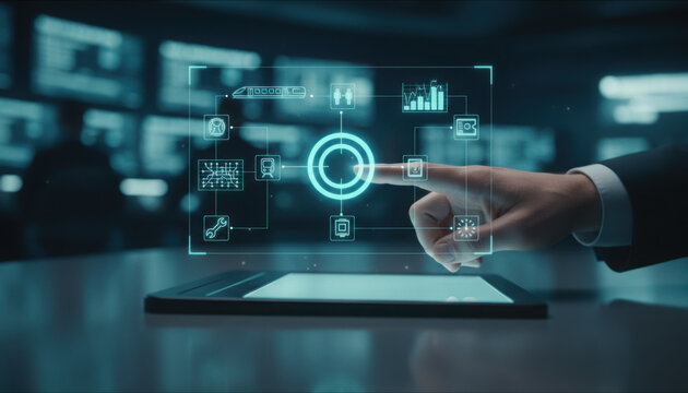 Close-up of a hand interacting with a glowing holographic digital interface for public transport management on a futuristic trackpad in a control room