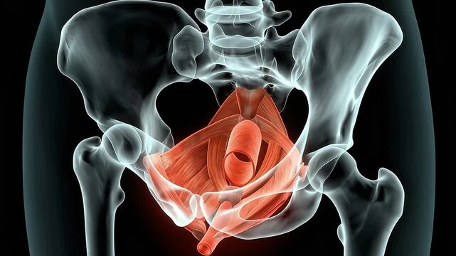 3D Medical Animation of Human Pelvic Floor Muscles Anatomy with X-Ray Effect on Black Background