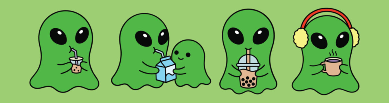 Green alien characters drinking beverages. Green alien characters drinking milk boba tea and coffee