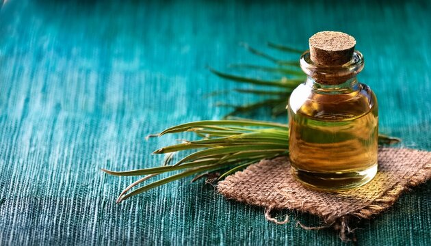 vetiver essential oil on burlap background selective focus