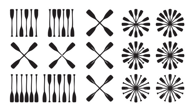 Boat oar and paddle silhouette vector set with crossed paddles and circular starburst rowing icons for canoeing kayaking nautical marine decoration and water sports logo