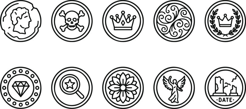 Black and white line art icons set