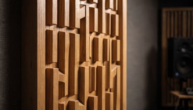 Dynamic medium shot capturing the textured surface of a QRD diffuser panel with the foreground crisp and background softly blurred illustrating sound diffusion.