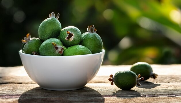 feijoa in a white bowl on a wooden table nature background selective focus