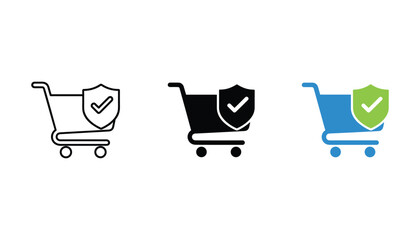 Shopping cart with security shield icon in line art solid black and flat color styles for e-commerce and online transaction safety © TARU STOCKPLC