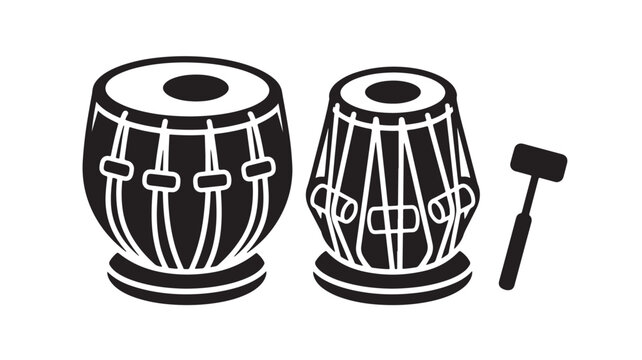 Traditional Indian Tabla drums vector illustration, black and white ethnic percussion instrument set, classical Hindustani music equipment icon