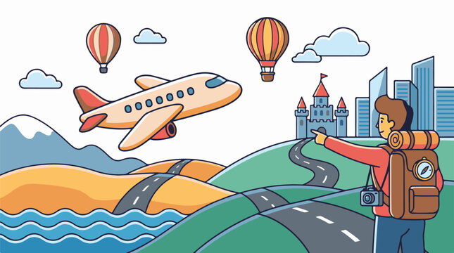 A traveler with a backpack points at an airplane flying over a scenic landscape