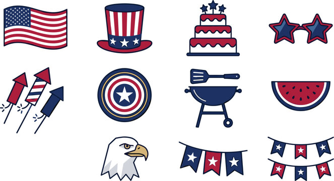 USA 4th of July patriotic vector line icon set featuring American flag Uncle Sam hat fireworks bbq grill star sunglasses eagle and bunting garland symbols