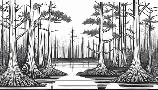 bald cypress swamp forest outline landscape for wetland projects