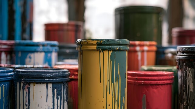 Vibrant paint cans drip color creating a textured artistic concept full of creative energy
