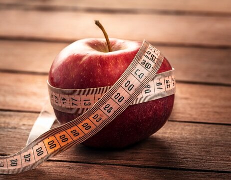 measuring tape apple on wooden table emaciation