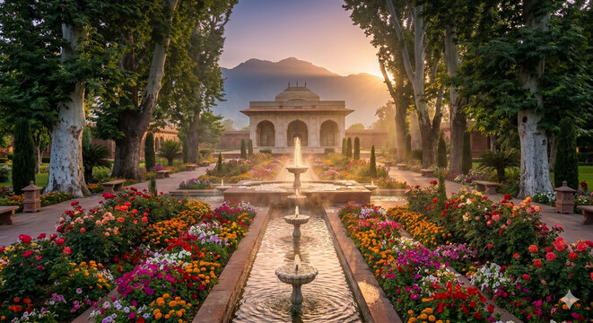 Sunrise Over Shalimar Mughal Garden Kashmir