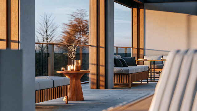 Outdoor lounge area with wooden furniture and autumn foliage view