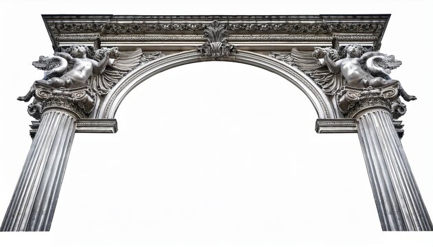 ornate silver classical architectural frame with cherubs and columns on white background